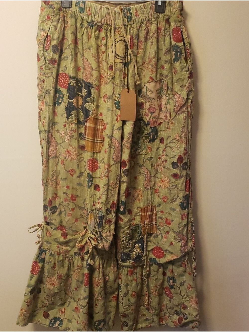 NWT A Rare Bird Reversible Boho Wide-Leg Patchwork Pants in Strawberry Print
